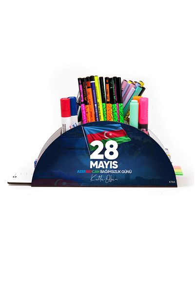 kutuTR Wooden VİP Türkiye-Azerbaycan Series Rainbow Ruled Desktop Pen Holder Organizer with Assembled Box