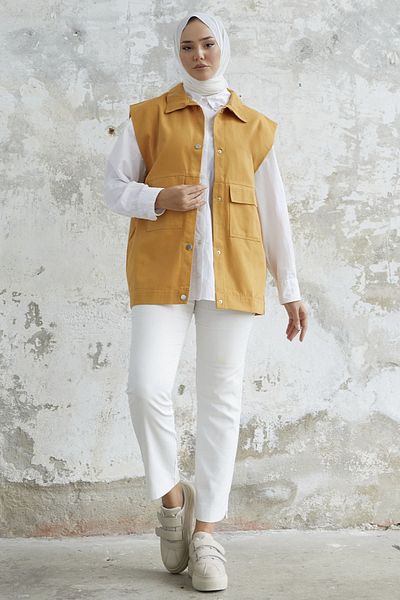 InStyle Gabardine Vest with Flap Pocket - Mustard