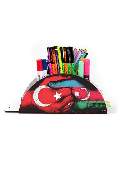 kutuTR Wooden VİP Türkiye-Azerbaycan Series Rainbow Ruled Desktop Pen Holder Organizer with Assembled Box