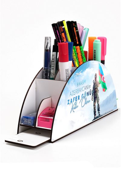 kutuTR Wooden Vip Türkiye Azerbaijan Series Rainbow Ruled Desktop Pen Holder Organizer Assembled Boxed