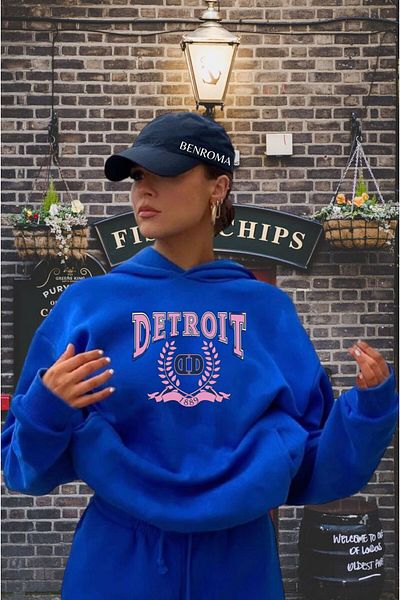 BENROMA Unisex Detroit Printed Saks Blue Hooded Sweat