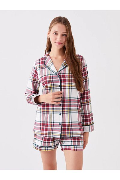 LC Waikiki LCW DREAM Set de pijamale cu guler cămașă în carouri cu mânecă lungă pentru femei cu pantaloni scurți