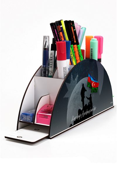 kutuTR Wooden VİP Türkiye-Azerbaycan Series Rainbow Ruled Desktop Pen Holder Organizer with Assembled Box