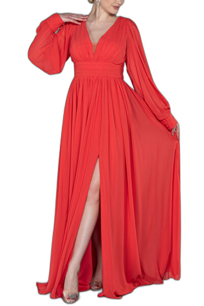 Arden Uzun Şifon Abiye Elbise, Şık Düğün Abiye, Ön-arka V Yaka, Uzun Kol, Yır...