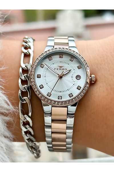 FERRO Mirrored Small Case Rose Steel Strap Waterproof Women's Wristwatch + bracelet