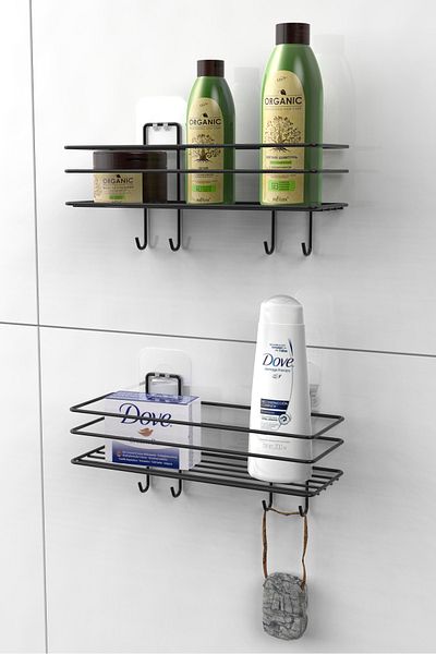KARTEYA Adhesive 4 Hooks Bathroom Shelf Bath Shampoo Holder Shower Cabin Shower Hanger Set of 2