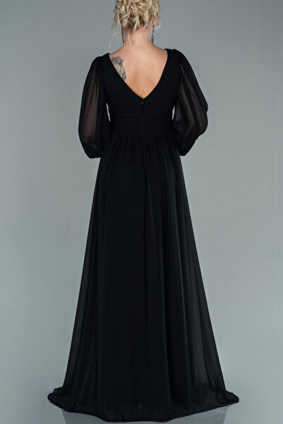 Arden Uzun Şifon Abiye Elbise, Şık Düğün Abiye, Ön-arka V Yaka, Uzun Kol, Yırtmaçlı A- line Etek, 36-44