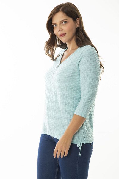 Şans Women's Large Size Green Front Placket Zippered Hem Lace Up Seersucker Fabric Blouse 65N36967