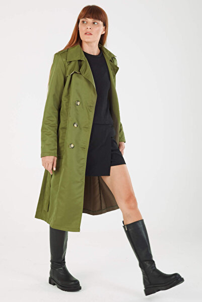 STİLPİX Kadın Haki Kemerli Desenli Astar Trençkot | Women's Khaki Belted Patterned Lining Trench Coat