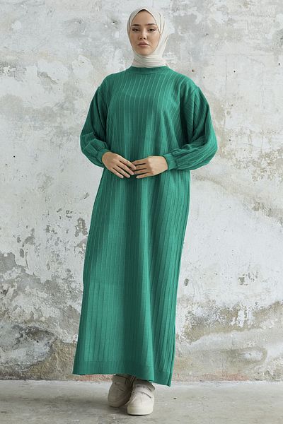 InStyle Πλεκτό φόρεμα Elois Balloon Sleeve Ribbed - Πράσινο