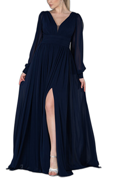 Arden Uzun Şifon Abiye Elbise, Şık Düğün Abiye, Ön-arka V Yaka, Uzun Kol, Yırtmaçlı A- line Etek, 36-44