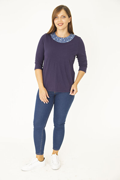 Şans Women's Large Size Navy Blue Cotton Fabric Collar Detailed Blouse 65N36964