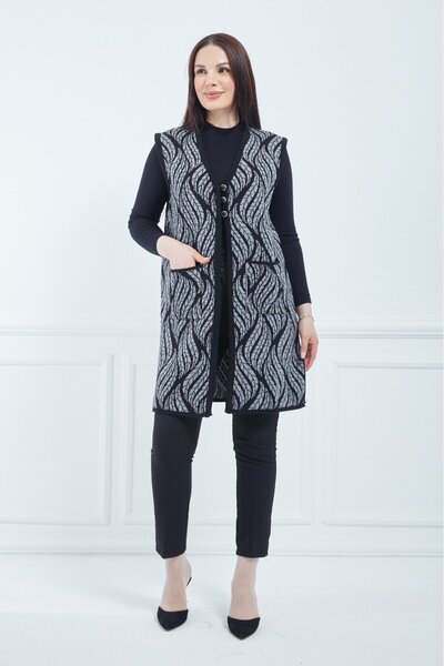 Fresh&Moda Women's Gray Patterned Long Winter Knitwear Mother Vest with Pockets