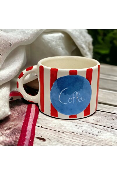 sim atölye Coffee Yazili El Yapimi Kulplu Kırmızı Cizgili Kupa