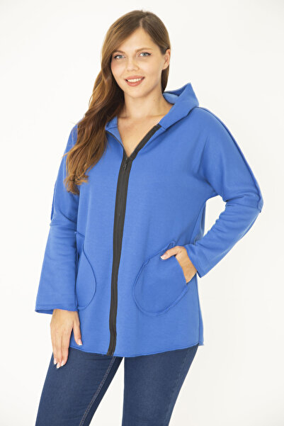 Şans Women's Large Size Jacket Front Zipper and Pocket Hooded Cashmere Coat 65N36969