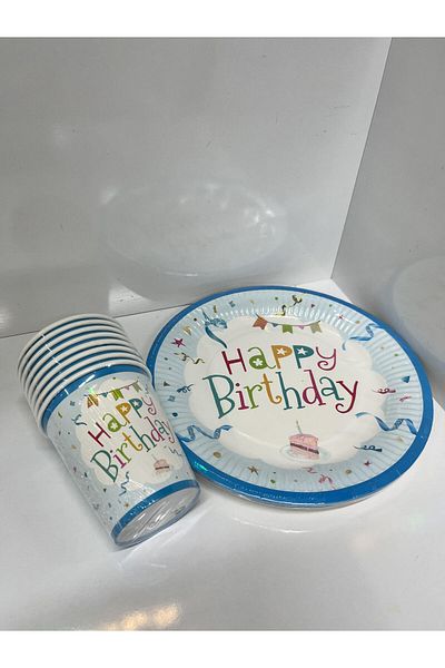 kidspartim Happy Birthday Cardboard Plate Cup Blue 8 pcs
