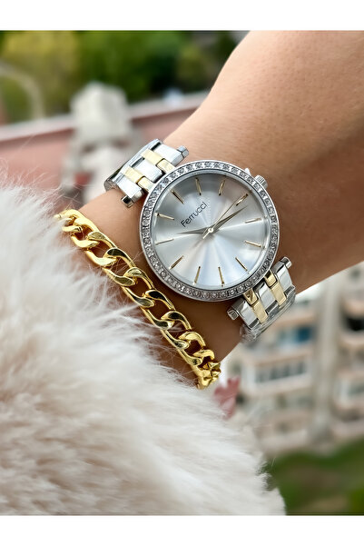 Ferrucci Çelik Kordon 2 Yıl Garantili Su Geçirmez Taşlı Altın Renk Kadın Kol Saati+bileklik