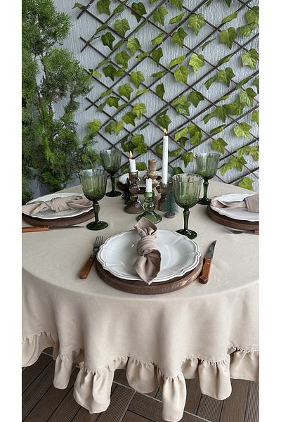 Decamor home Μαλακό ύφασμα μπεζ βολάν Vintage στρογγυλό τραπεζομάντιλο χωρίς αγκώνες
