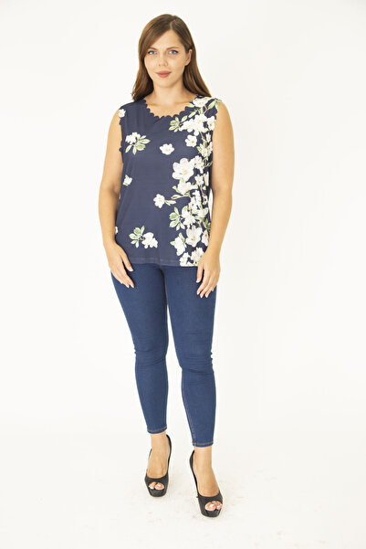 Şans Women's Large Size Navy Blue Collar and Cuff Laser Cut Blouse 65N36946