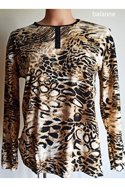 Noname Αγοράστε ένα νούμερο μεγαλύτερο! Balanne Suede Mother's Combed Cotton Patched Crew Neck Slit Μακρυμάνικη Mother's Blouse -