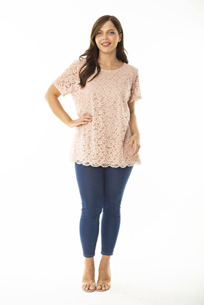 Şans Women's Large Size Salmon Front and Sleeves Lace Inside Viscose Blouse Tunic 65N36956