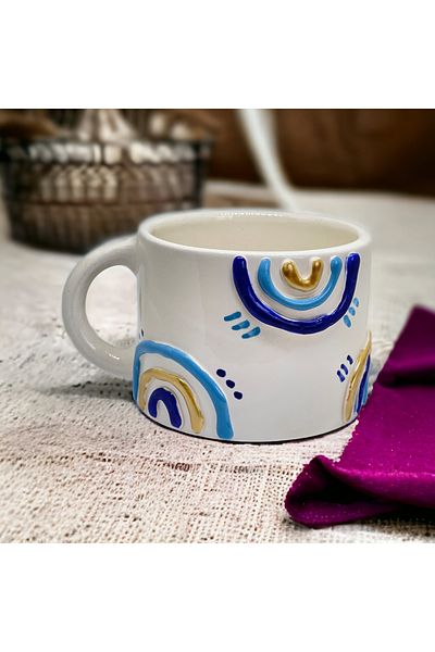 sim atölye Rainbow Patterned Handmade Coffee Cup with Evil Eye Beads