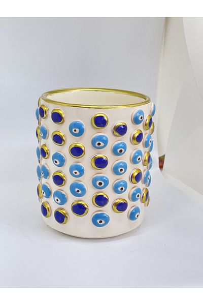 sim atölye Handmade Handleless Mug with Evil Eye Bead Pattern Coffee Cup