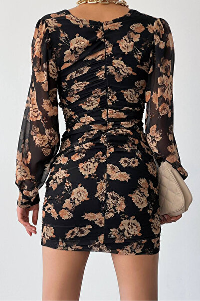 Ortaya Çık Black Floral Sleeve Detailed Mini Dress