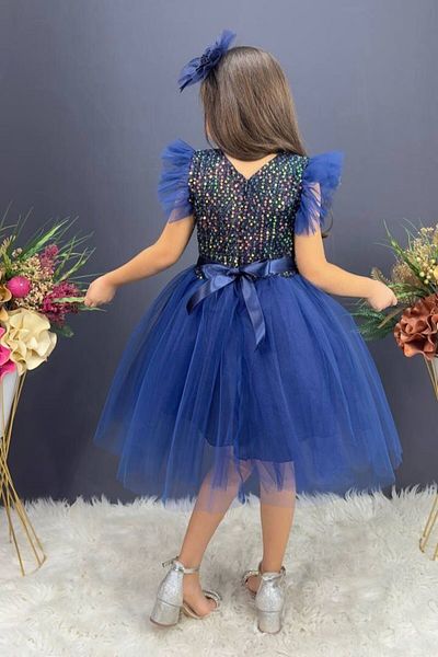 ABİYEKİDS Sequined Tulle Navy Blue Children's Evening Dress ABY955