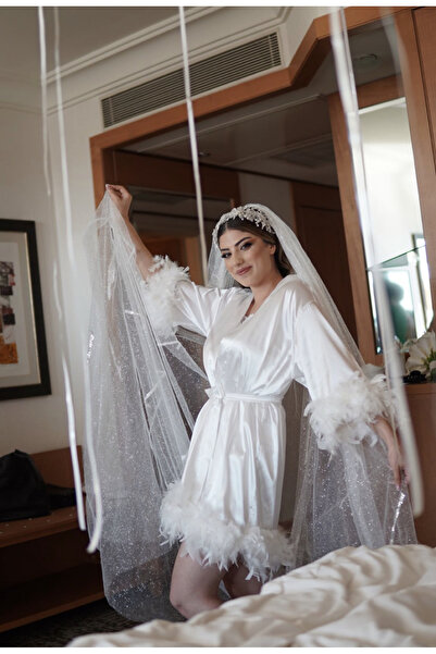 Etsii Robă de mireasă din satin cu pene de gâscă cu mâneci albe pentru femei,...