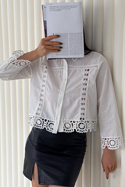 FEMELLE Női fehér csipke guipúra részletes tervezésű pamut ing