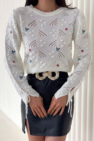 FEMELLE Women's White Standard Size Ankle Tie Embroidery Knitwear Sweater (Size S and M Compatible)