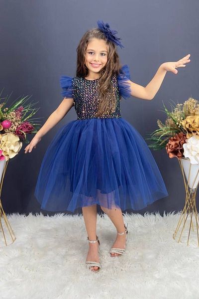 ABİYEKİDS Sequined Tulle Navy Blue Children's Evening Dress ABY955