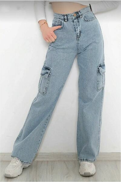 Trn JNS Bezkapsové kalhoty Iza Light Blue Snow Wash Cargo s volnými zády z lycry se super vysokým pasem Jean kalhoty