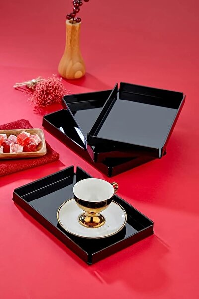 angeldesign 6'lı Kristal Sunum Tepsisi - Siyah Kahve Sunum 6 Adet Dekoratif Ö...