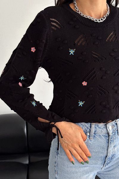 FEMELLE Pulover negru pentru femei, mărime standard, cu broderie la gleznă, tricotaj (compatibil cu mărimea S și M)