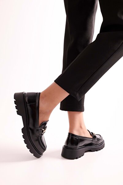 Shoeberry Women's Choc Black Patent Leather Thick Sole Buckle Loafer Black Patent Leather