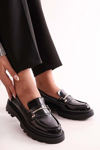 Shoeberry Women's Martha Black Patent Leather Thick Sole Buckle Loafer Black Patent Leather