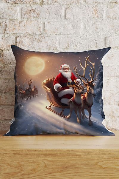 Hayal Dekoratif New Year's Themed Santa Claus's Sleigh Photographed Digital Printed Gift Ornament Throw Pillow - Pillow Case