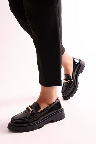 Shoeberry Women's Choc Black Patent Leather Thick Sole Buckle Loafer Black Patent Leather