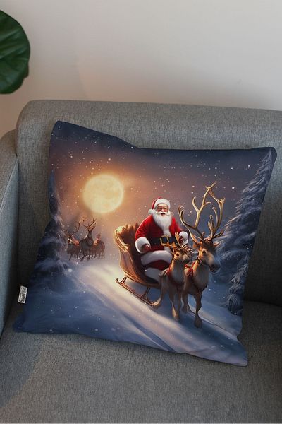 Hayal Dekoratif New Year's Themed Santa Claus's Sleigh Photographed Digital Printed Gift Ornament Throw Pillow - Pillow Case