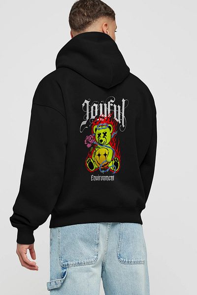 Ankhises Hanorac negru oversize cu glugă, cu imprimeu pe spate, ursuleț vesel, bărbați, femei