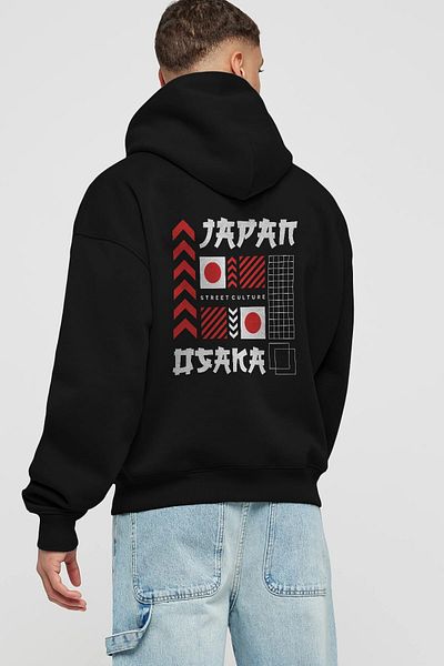 Ankhises Hanorac negru oversize cu glugă cu imprimeu pe spate Japan Osaka Bărbați Femei