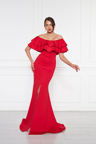 lovebox Rugalmas búvárszövet Madonna nyakú hasított maxi hosszú halmodell nagyméretű piros estélyi ruha