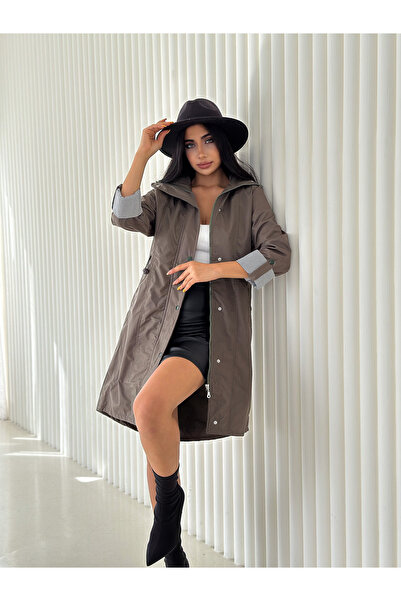 diaves Kadın Haki Kapüşonlu Astarlı Trençkot Yanlardan Büzgülü Katlanabilir Kol