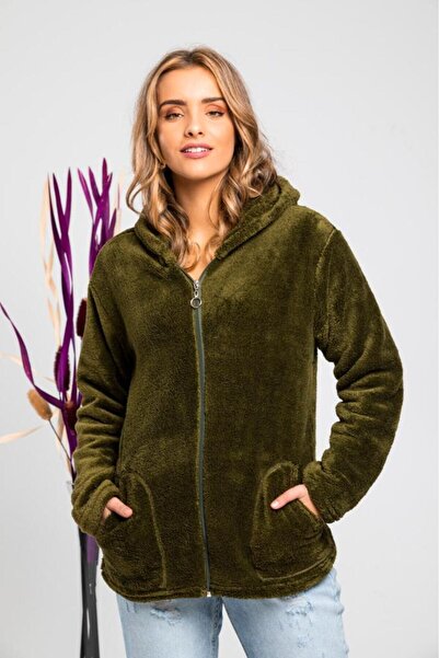 MODA VUSLAT Kadın Haki Yeşil Fermuarlı Polar Hırka