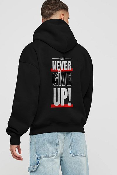 Ankhises Never Give Up Written 2 Hanorac negru oversize cu glugă cu imprimeu pe spate Bărbați Femei