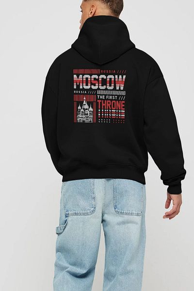 Ankhises Hanorac negru oversize cu glugă cu imprimeu pe spate Moscova Bărbați Femei