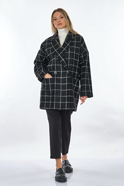 Perspective Double Breasted Collar Plaid Patterned Black-White Women's Coat24250702