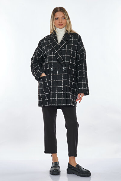 Perspective Double Breasted Collar Plaid Patterned Black-White Women's Coat24250702